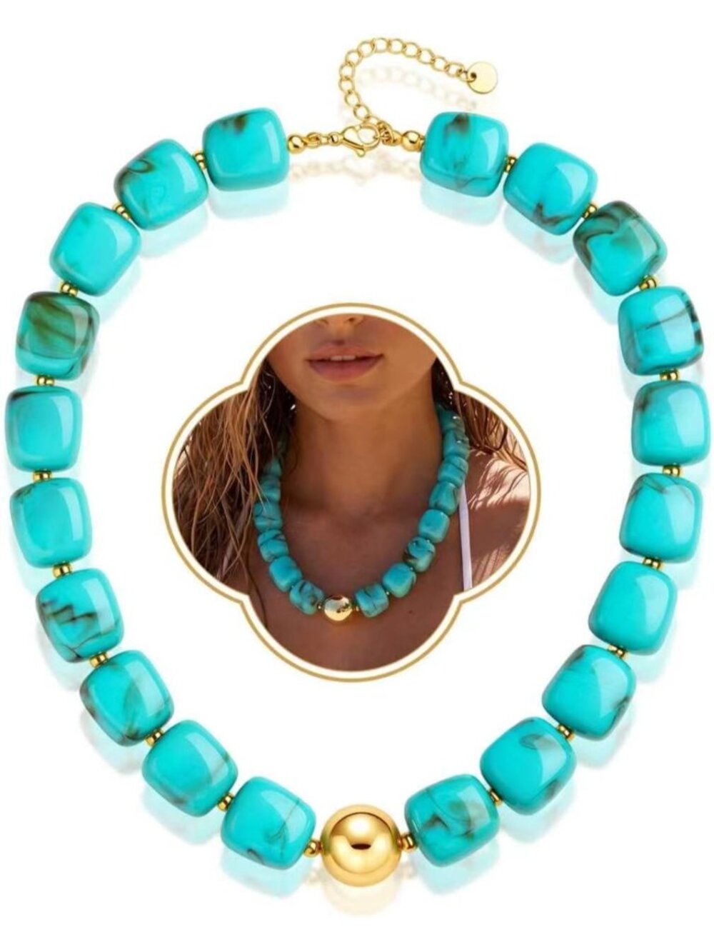 Women's Blue Chunky Beaded Necklace Adjustable Layered Beach Summer Jewelry